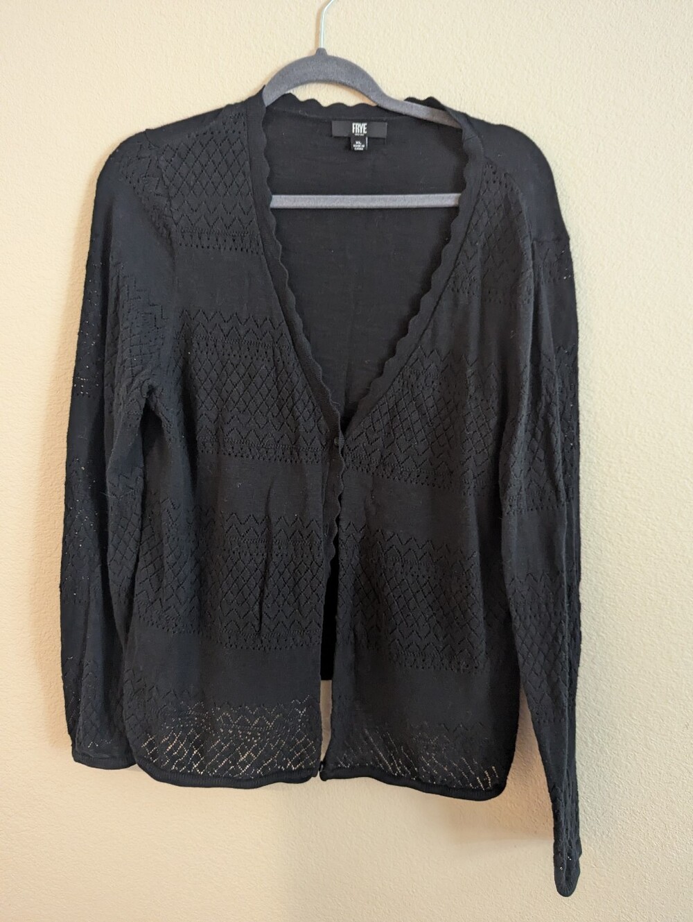 Frye Black Openwork Scalloped-Edge Cardigan